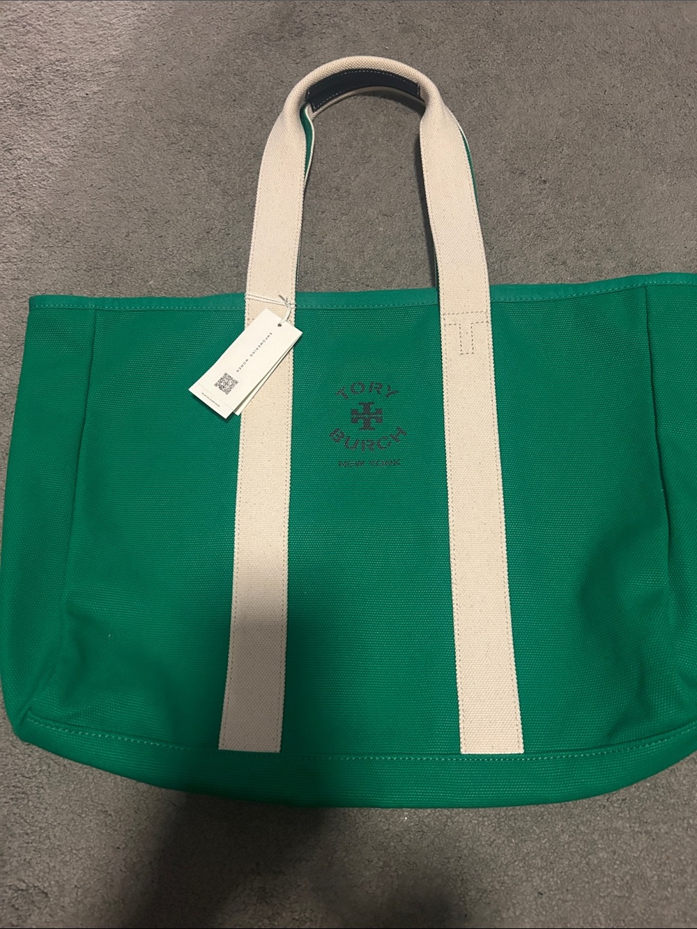 Tory Burch Emerald Green Canvas Tote with Cream Straps